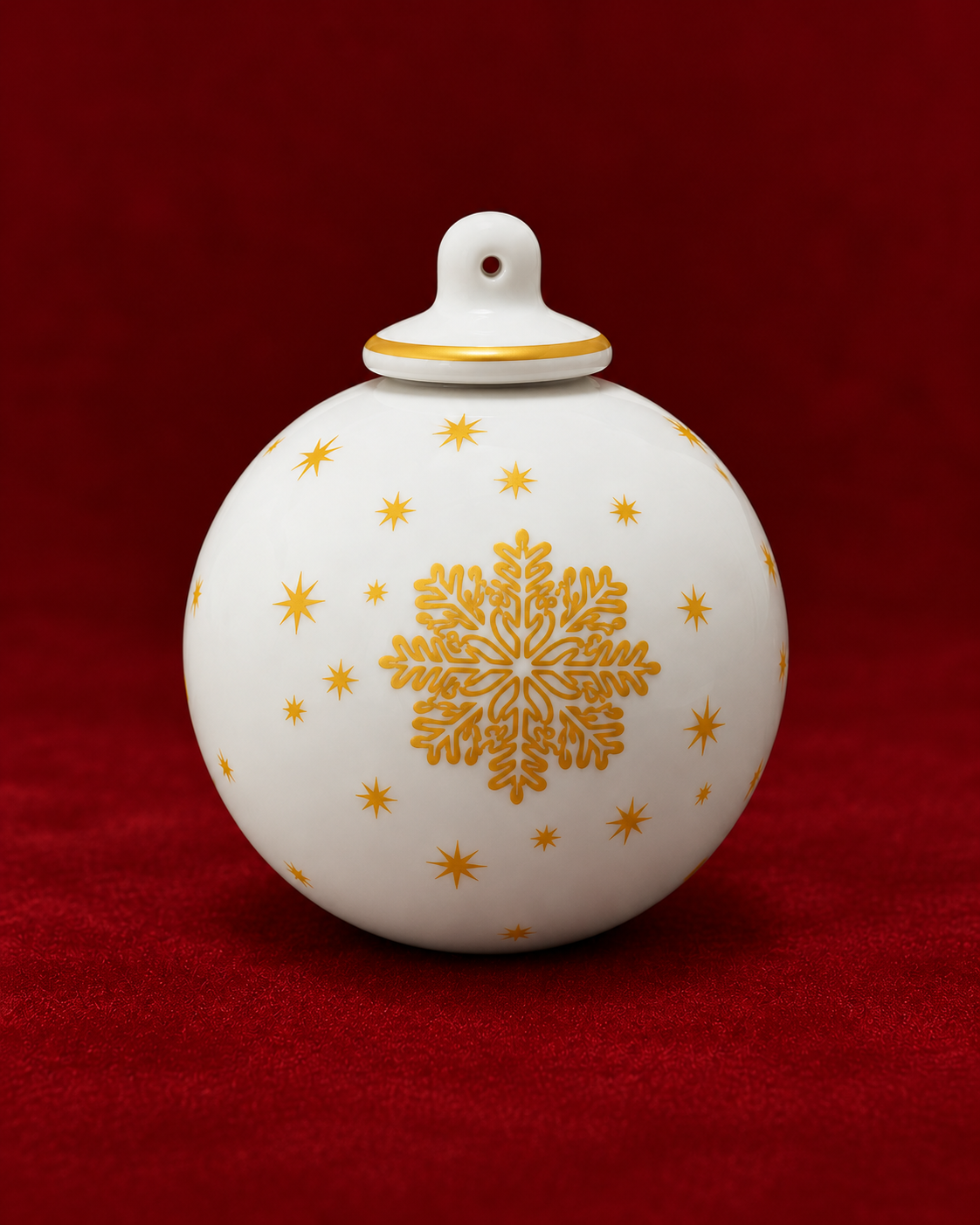 Ornamento de Natal dourado sobre veludo vermelho